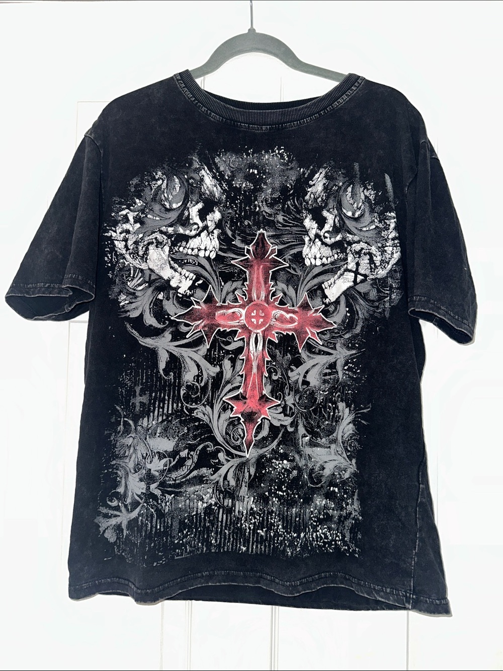 Black Graphic T-shirt with a skull and Red Cross Accent